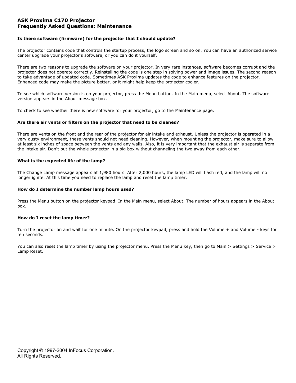 Ask Proxima C170 User Manual | 1 page