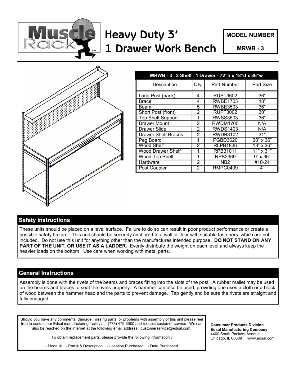 Edsal MRWB-3 User Manual | 2 pages