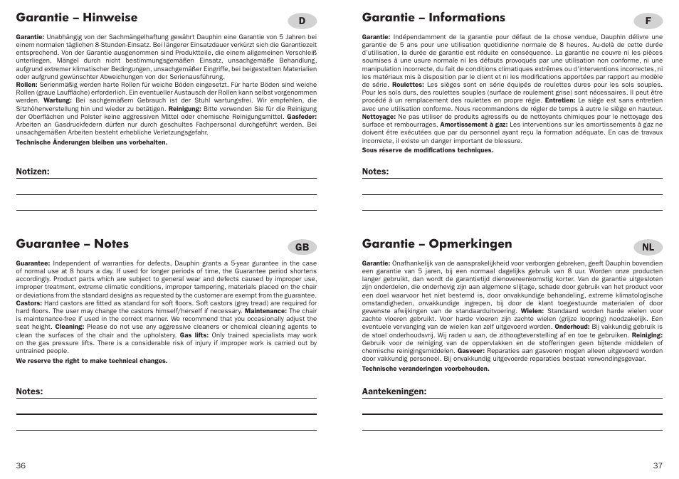 Garantie – opmerkingen, Garantie – hinweise, Garantie – informations | Trendoffice my-self User Manual | Page 19 / 21