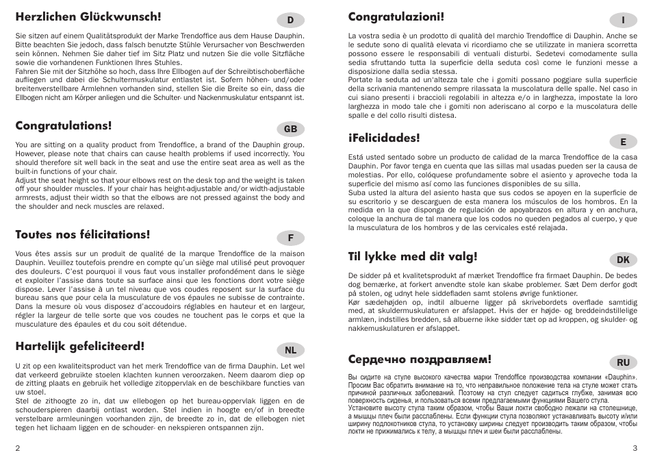 Herzlichen glückwunsch, Toutes nos félicitations, Hartelijk gefeliciteerd | Congratulazioni, Felicidades, Сердечно поздравляем, Til lykke med dit valg | Trendoffice my-self User Manual | Page 2 / 21
