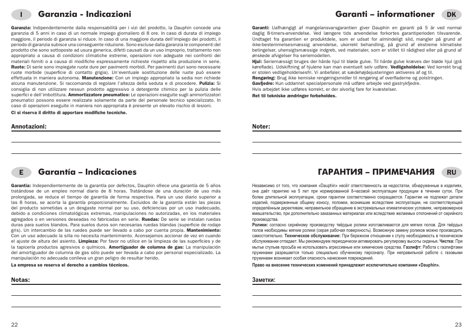 Гарантия – примечания, Garanti – informationer, Garantía – indicaciones | Garanzia - indicazioni | Trendoffice fun-on User Manual | Page 12 / 13