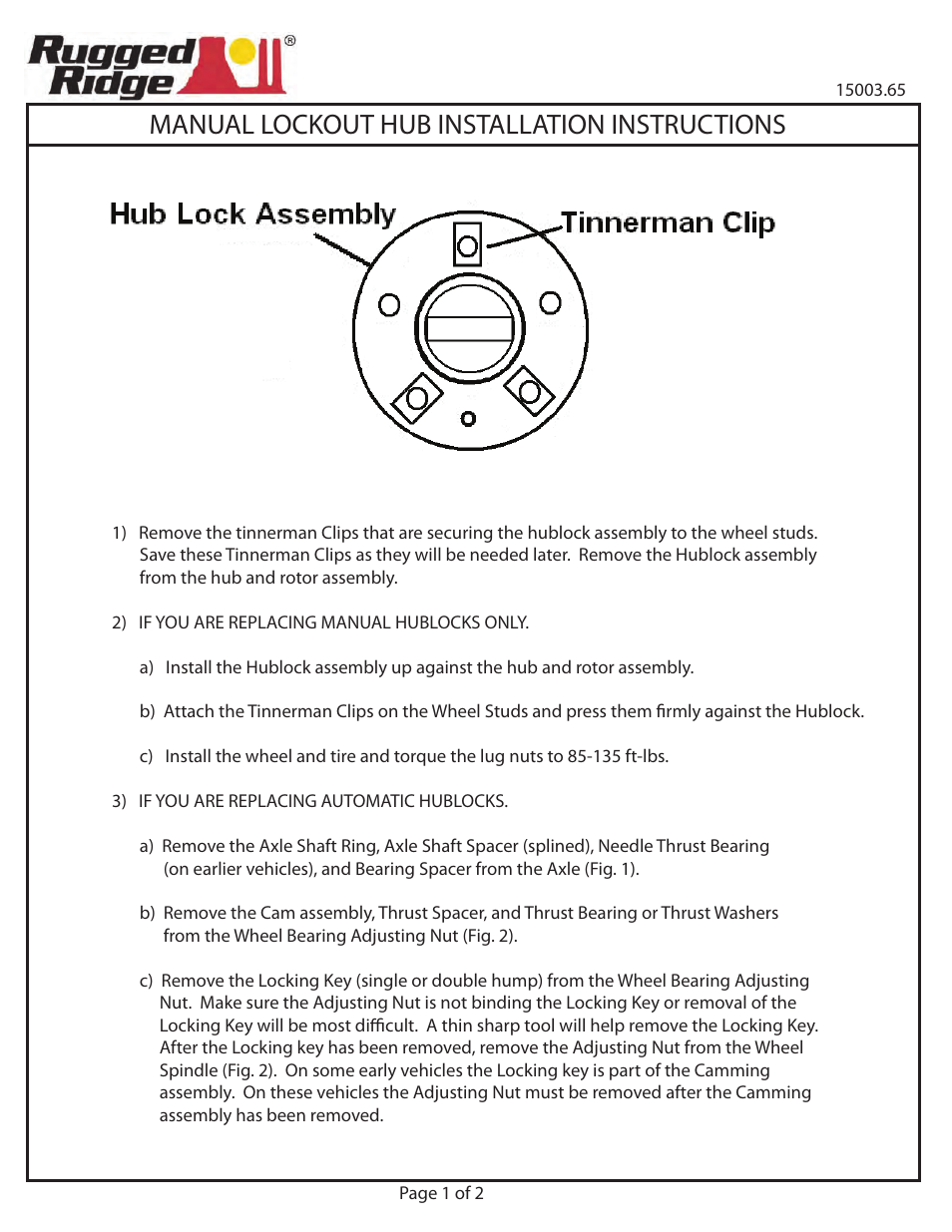 Rugged Ridge Manual Locking Hub Conversion Kit, 90-97 Ford, Mazda SUV & Pickup User Manual | 2 pages