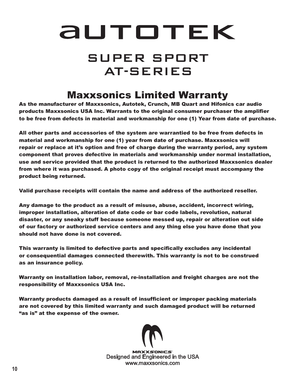 At-series super sport, Maxxsonics limited warranty | AutoTek Super Sport AT1000 User Manual | Page 12 / 13