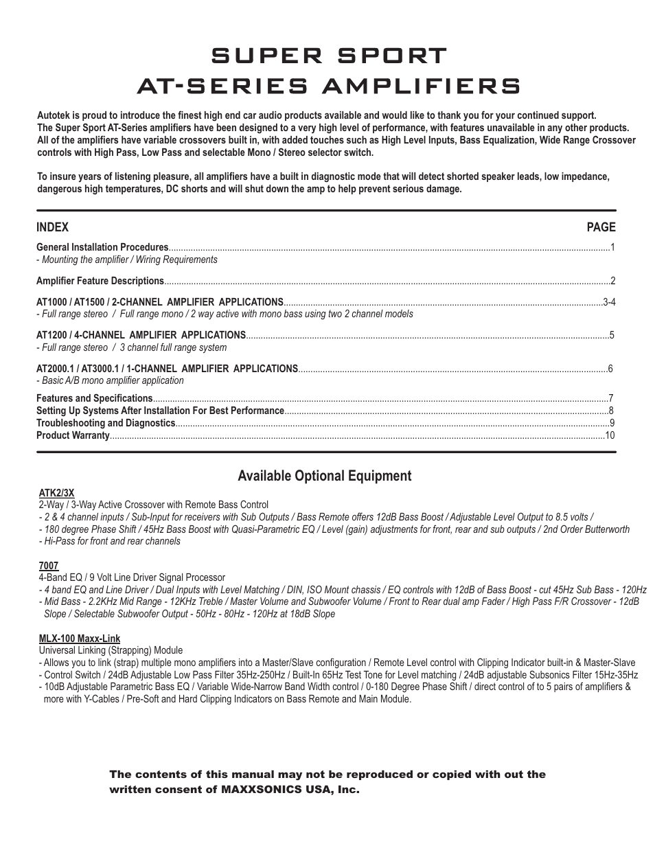 Super sport at-series amplifiers, Available optional equipment | AutoTek Super Sport AT1000 User Manual | Page 2 / 13