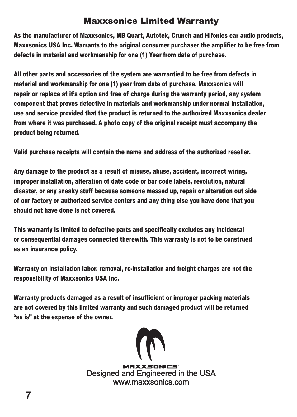 Maxxsonics limited warranty | AutoTek ATX1615 User Manual | Page 8 / 9