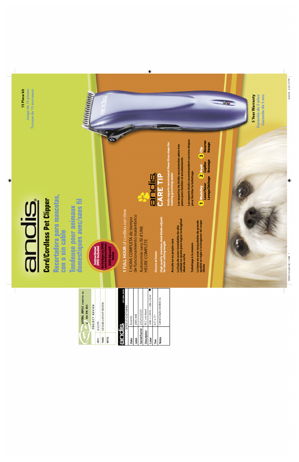 Andis Company Cord/Cordless Pet Clipper User Manual | 2 pages