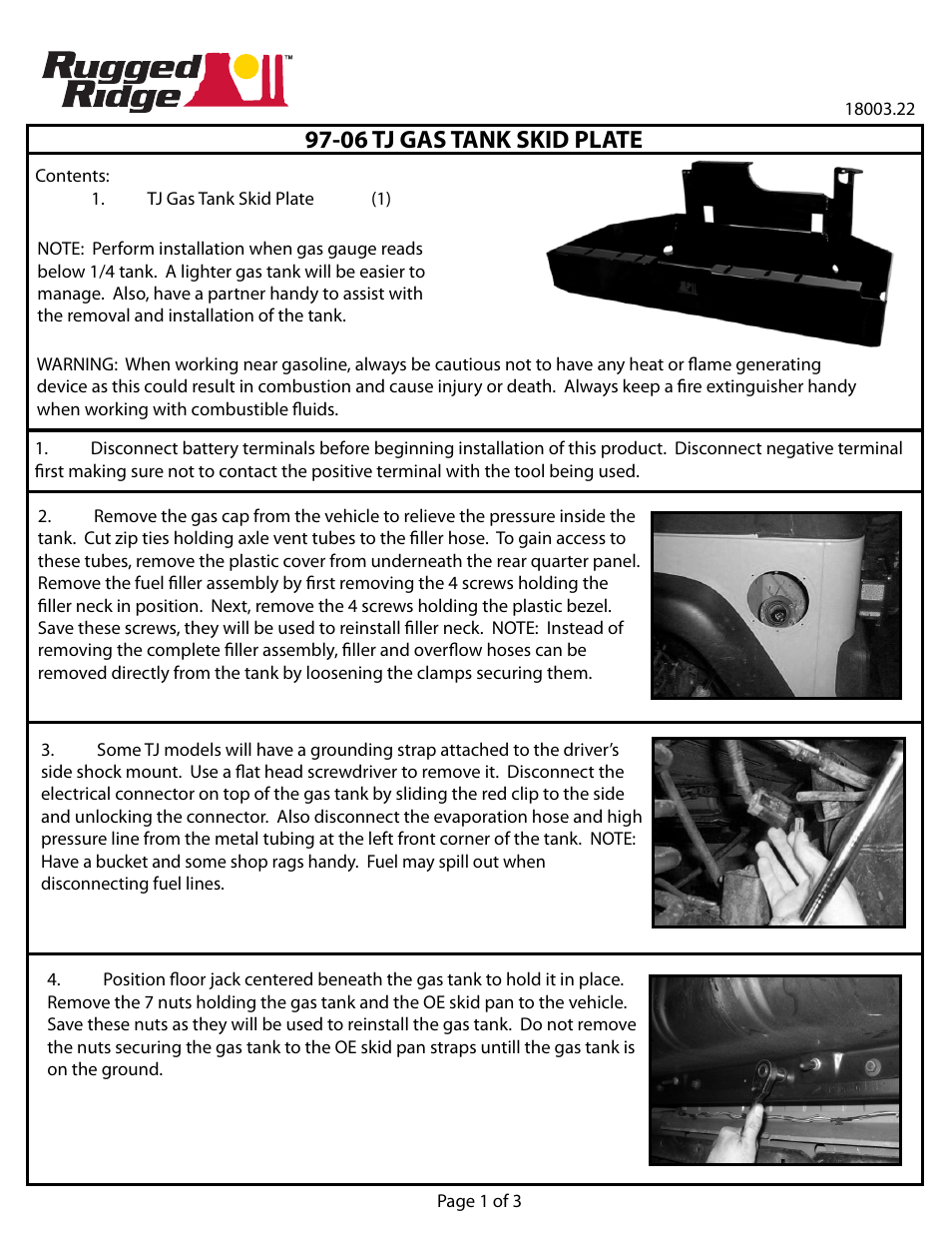 Rugged Ridge Gas Tank Skid Plate, 97-06 Jeep Wrangler (TJ) User Manual | 3 pages