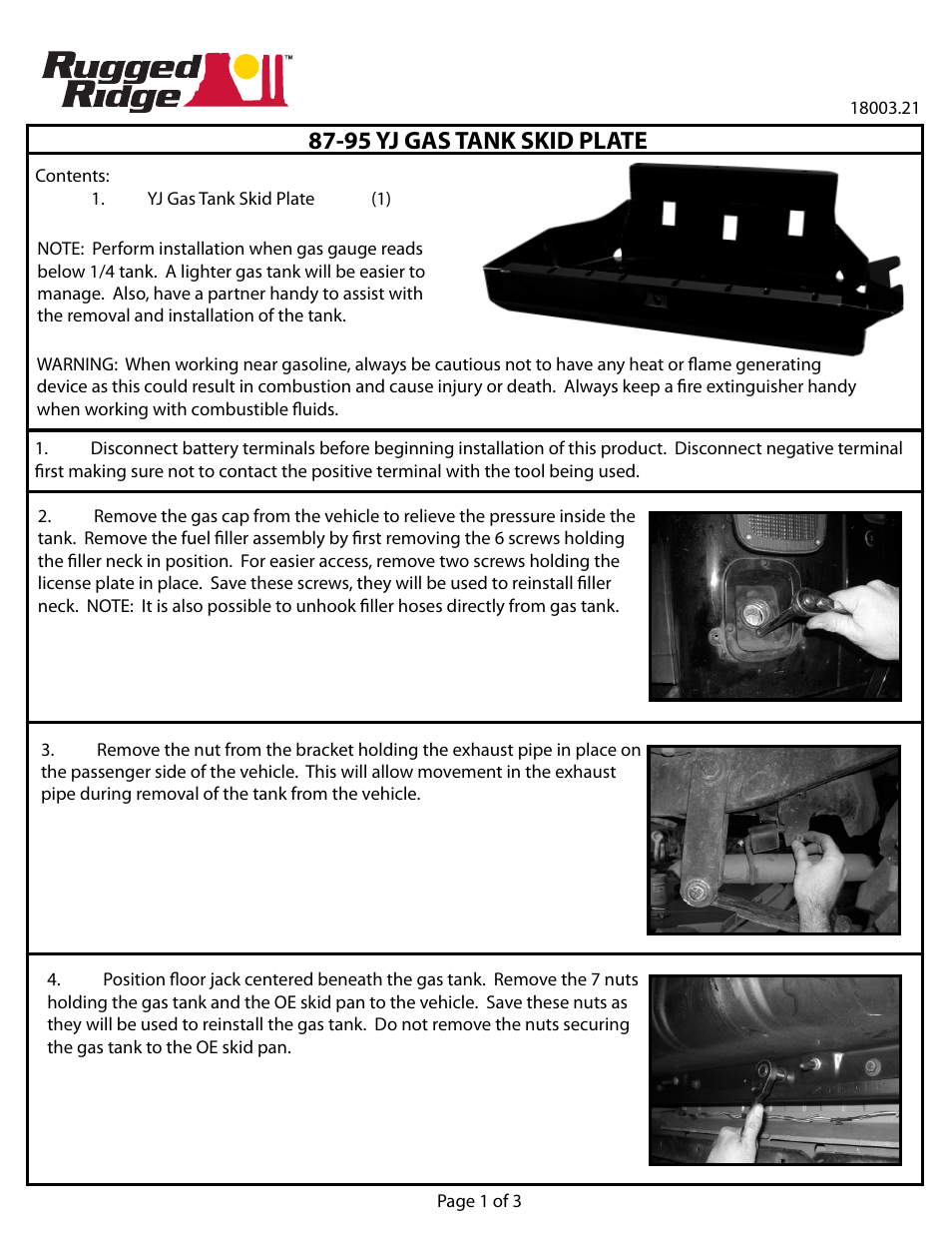 Rugged Ridge Gas Tank Skid Plate, 87-95 Jeep Wrangler (YJ) User Manual | 3 pages