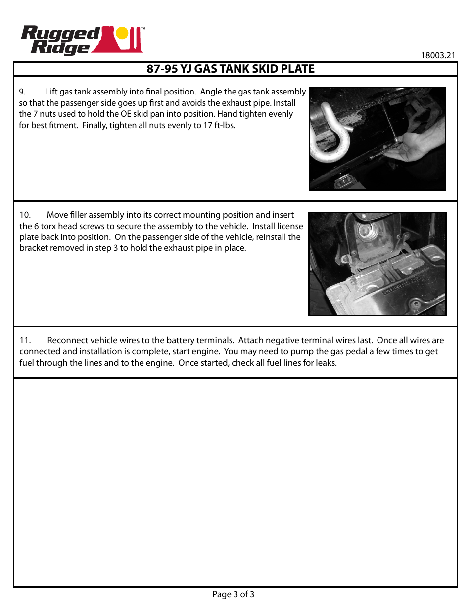 Rugged ridge limited warranty, 95 yj gas tank skid plate | Rugged Ridge Gas Tank Skid Plate, 87-95 Jeep Wrangler (YJ) User Manual | Page 3 / 3
