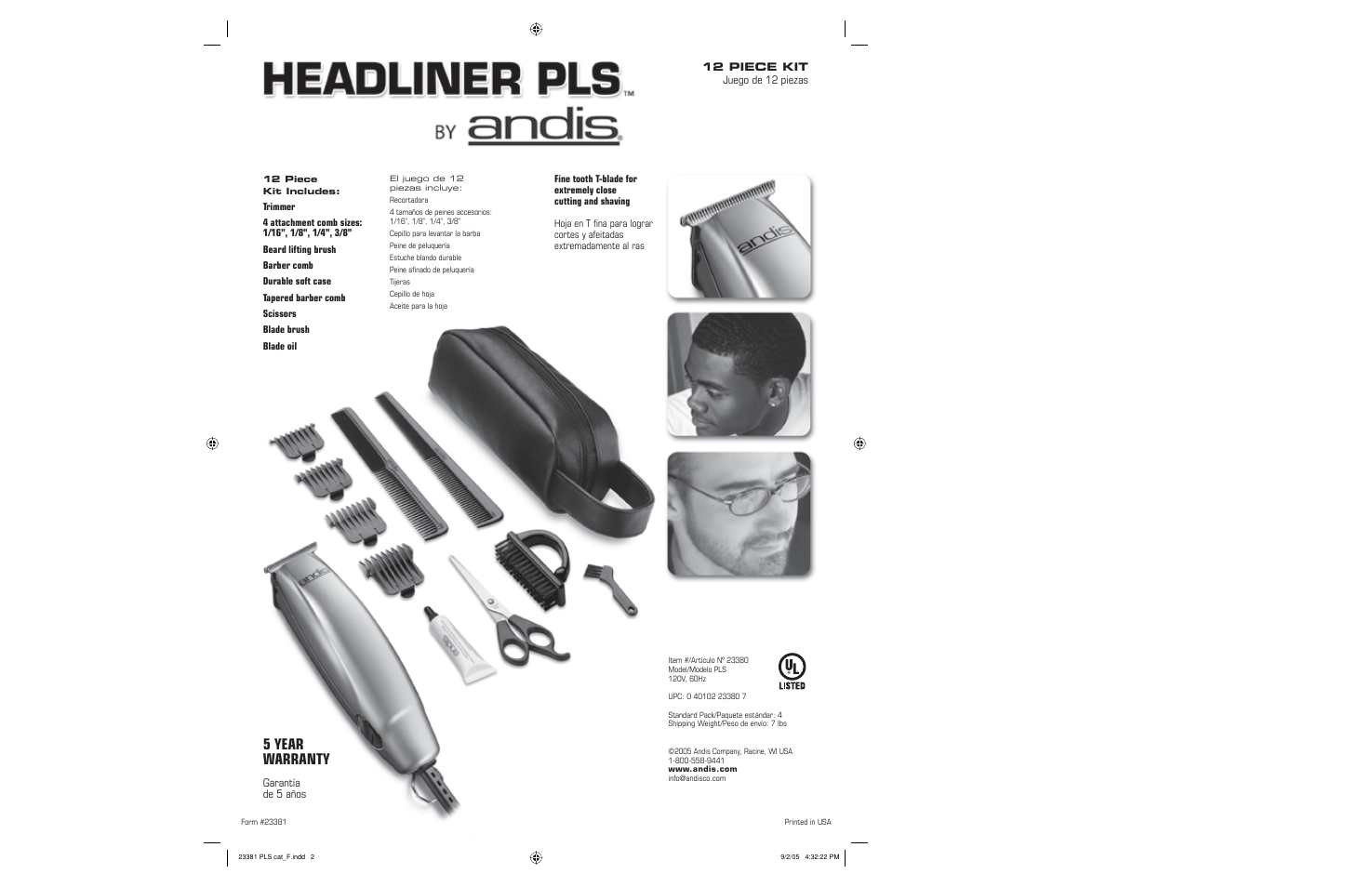 5 year warranty | Andis Company Headliner PLS User Manual | Page 2 / 2