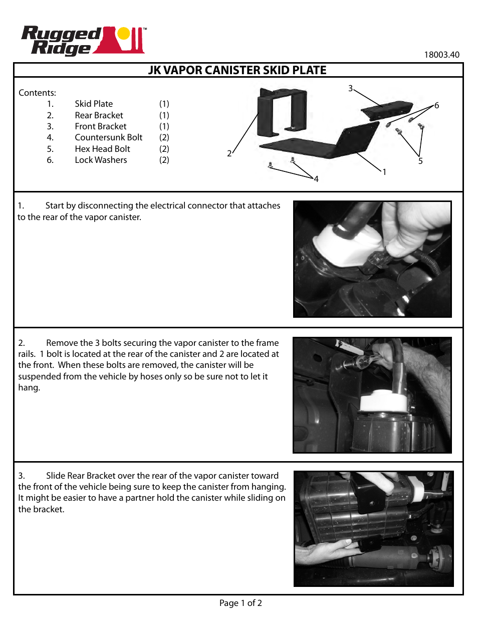 Rugged Ridge Evaporator Tank Skid Plate, 07-11 Jeep Wrangler (JK) User Manual | 2 pages