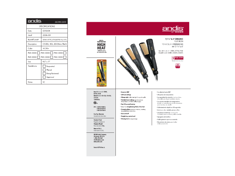 Andis Company Ceramic Flat Iron 67095 User Manual | 1 page