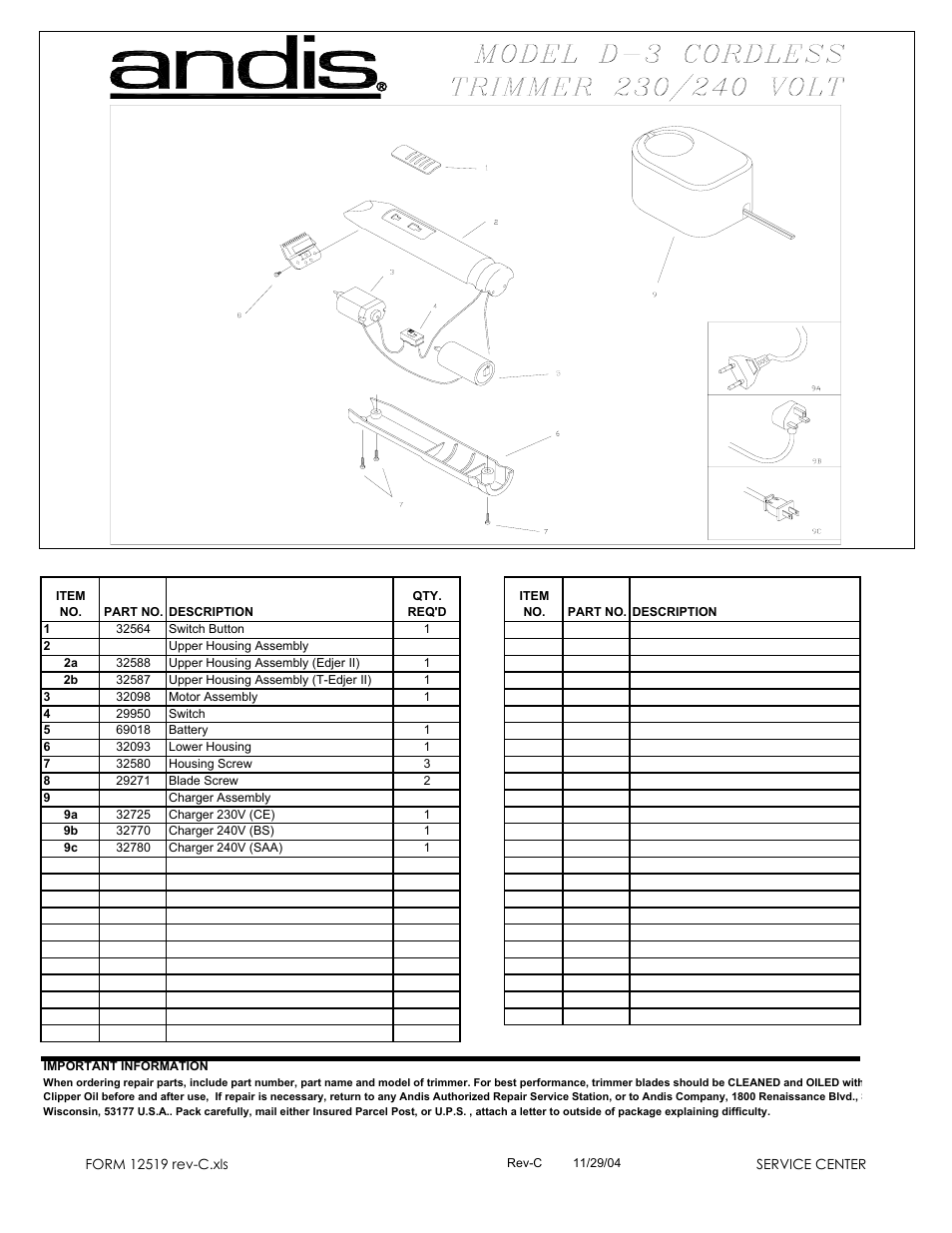 Andis Company D-3 User Manual | 1 page