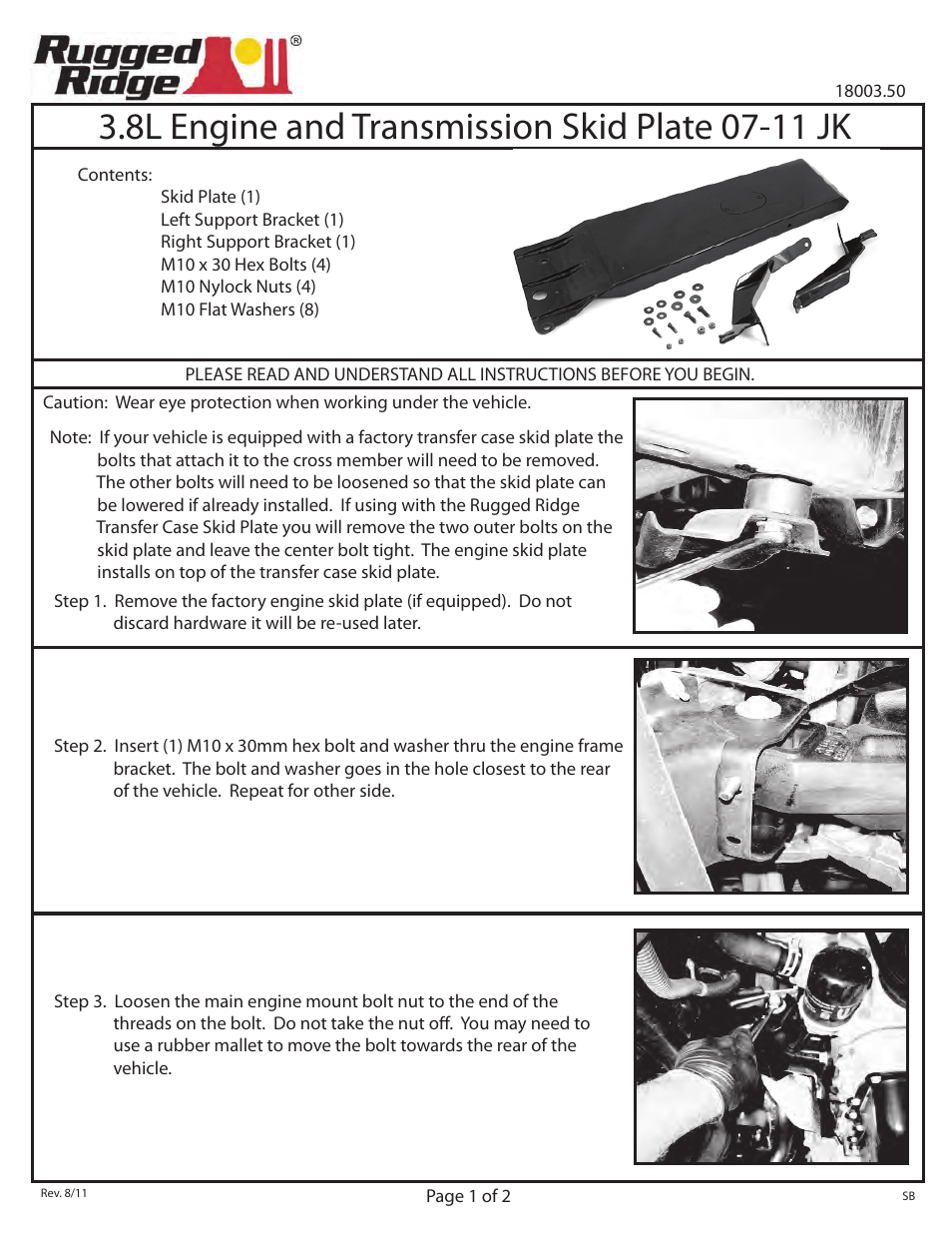 Rugged Ridge Engine & Transmission Skid Plate, 07-11 Jeep Wrangler (JK) User Manual | 2 pages