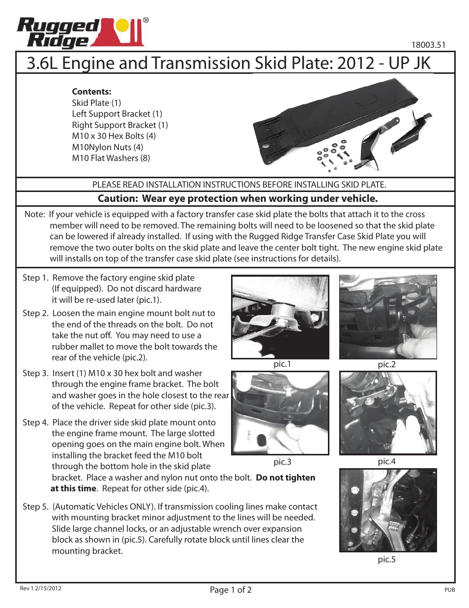 Rugged Ridge Engine and Transmission Skid Plate, 12-14 Jeep Wrangler (JK) User Manual | 2 pages