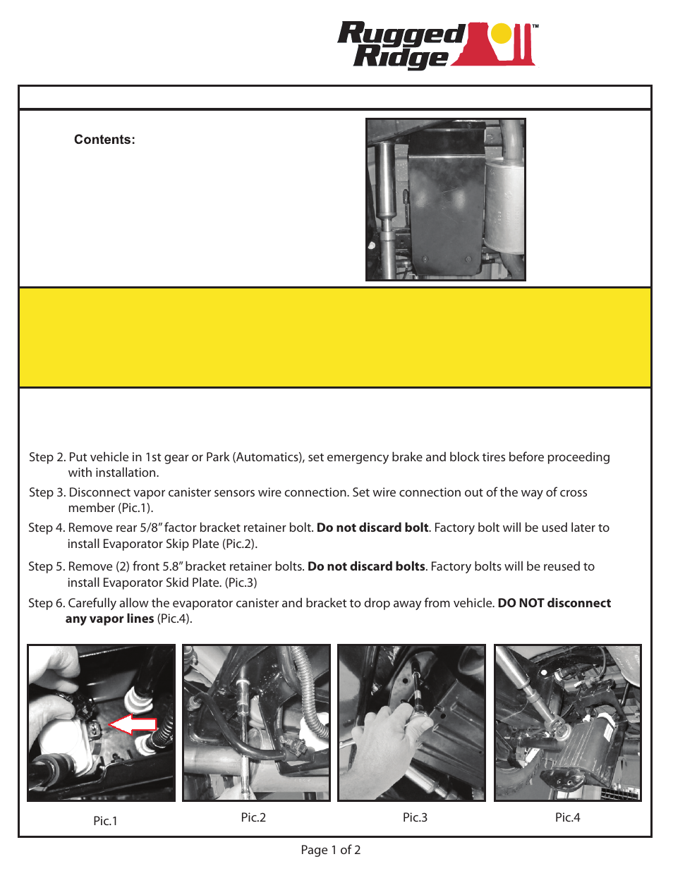 Rugged Ridge Evaporative Canister Skid Plate, 12-14 Jeep Wrangler (JK) User Manual | 2 pages