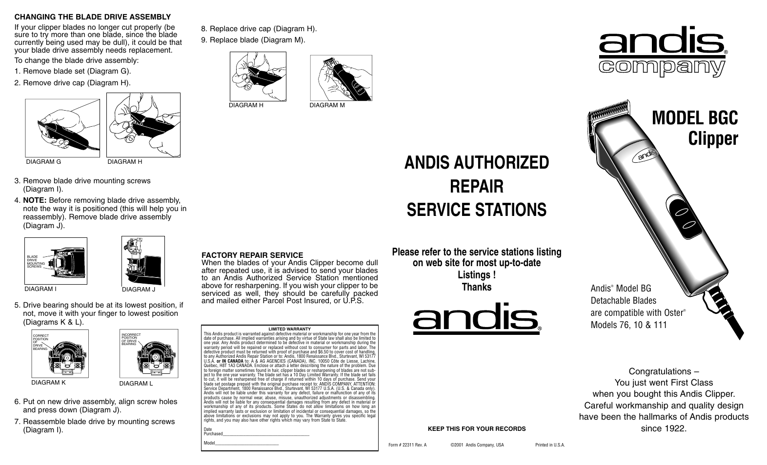 Andis Company BGC User Manual | 2 pages