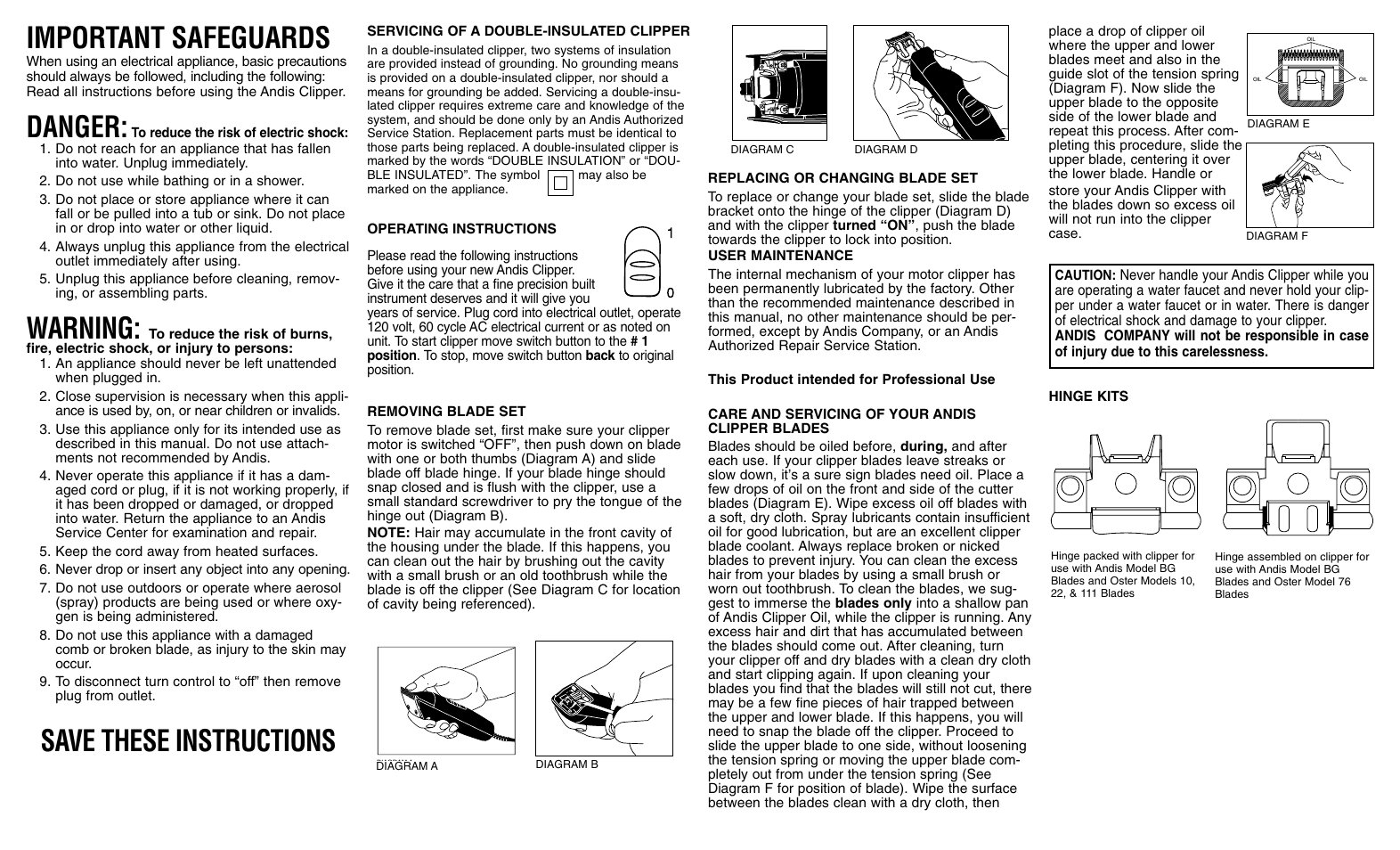 Important safeguards, Danger, Warning | Save these instructions | Andis Company BGC User Manual | Page 2 / 2
