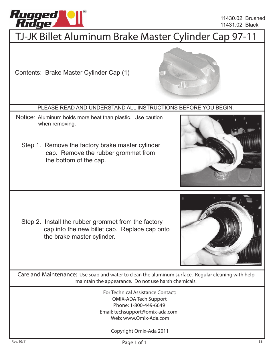 Rugged Ridge Brake Master Cylinder Cap, Billet, 97-14 Jeep Wrangler (TJ/JK) User Manual | 1 page