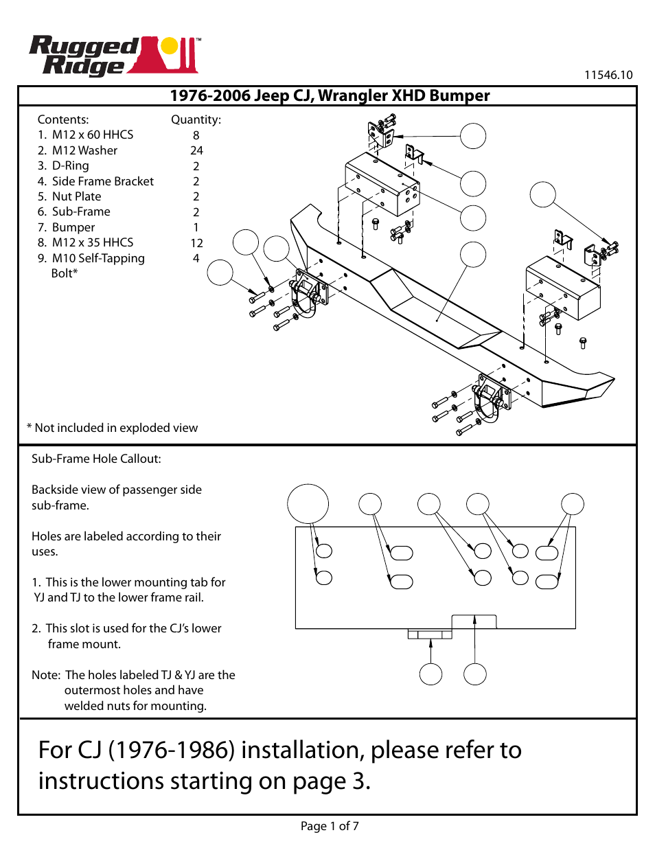 Rugged Ridge XHD Rear Bumper, 76-06 Jeep CJ & Wrangler User Manual | 7 pages