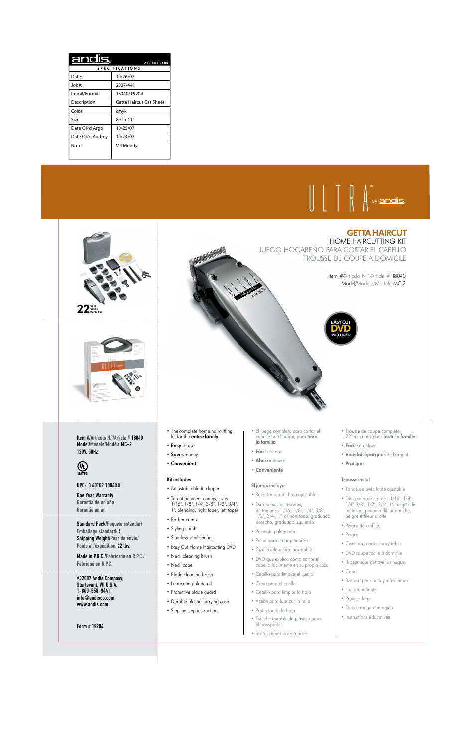 Andis Company Ultra 18040 User Manual | 1 page