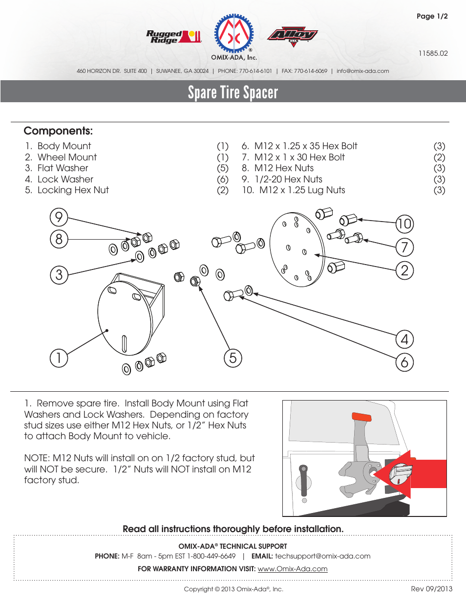 Rugged Ridge Spare Tire Spacer, 76-14 Jeep CJ & Wrangler User Manual | 2 pages