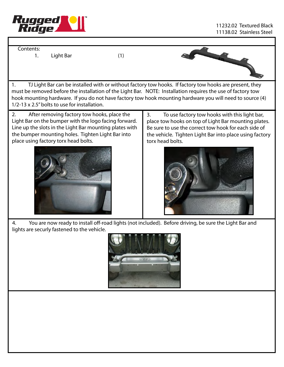 Rugged Ridge Bumper Mounted Light Bar, 97-06 Jeep Wrangler User Manual | 1 page