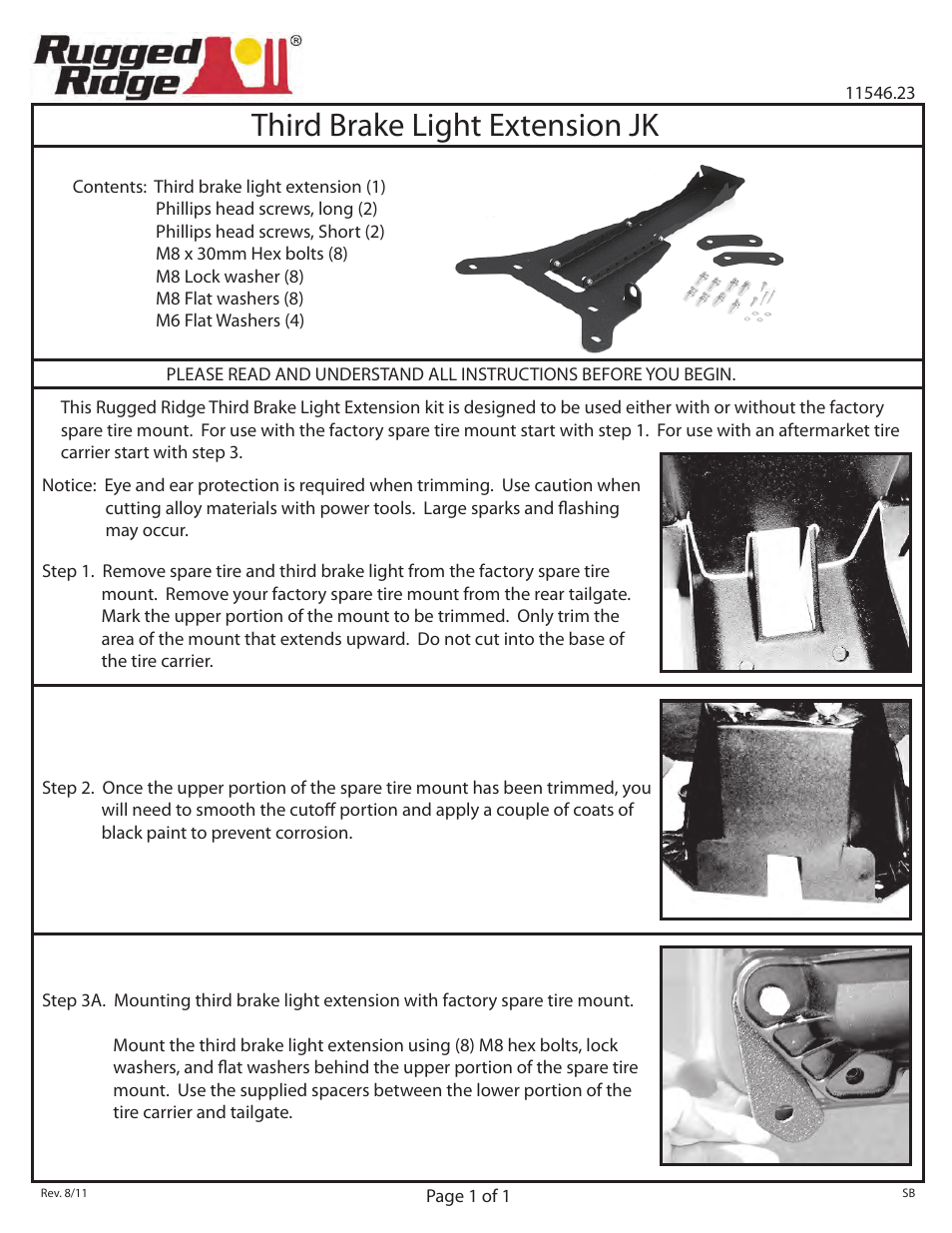 Rugged Ridge Third Brake Light Extension Kit, 07-14 Jeep Wrangler (JK) User Manual | 2 pages