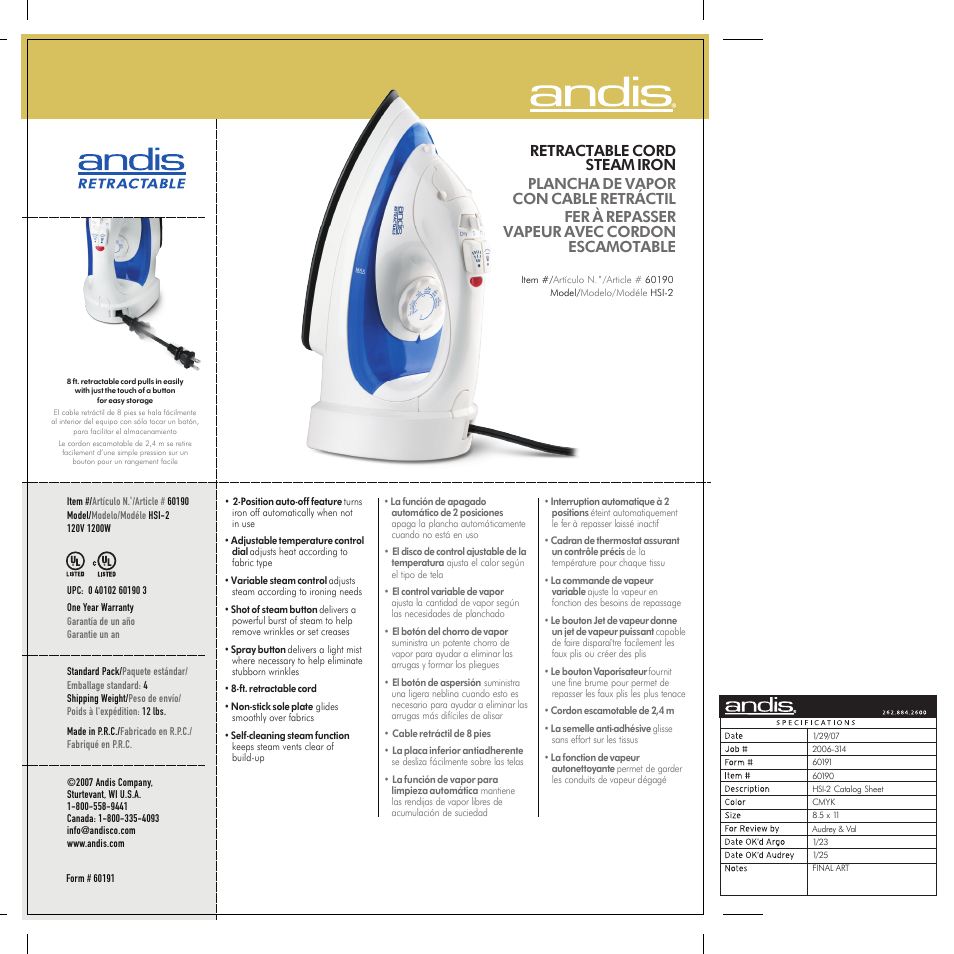 Andis Company HSI-2 User Manual | 1 page