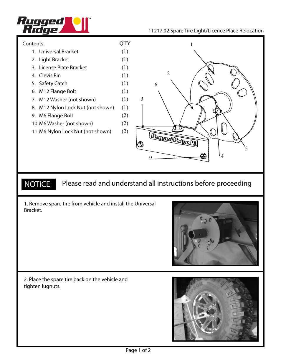 Rugged Ridge Rear Spare Tire Light Mount For Rear Mounted Spare Tires User Manual | 2 pages