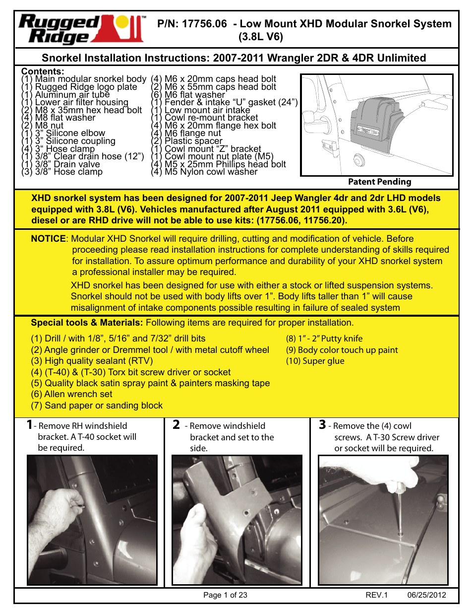 Rugged Ridge XHD Low/High Mount Snorkel System, 07-11 Jeep Wrangler (JK) User Manual | 27 pages