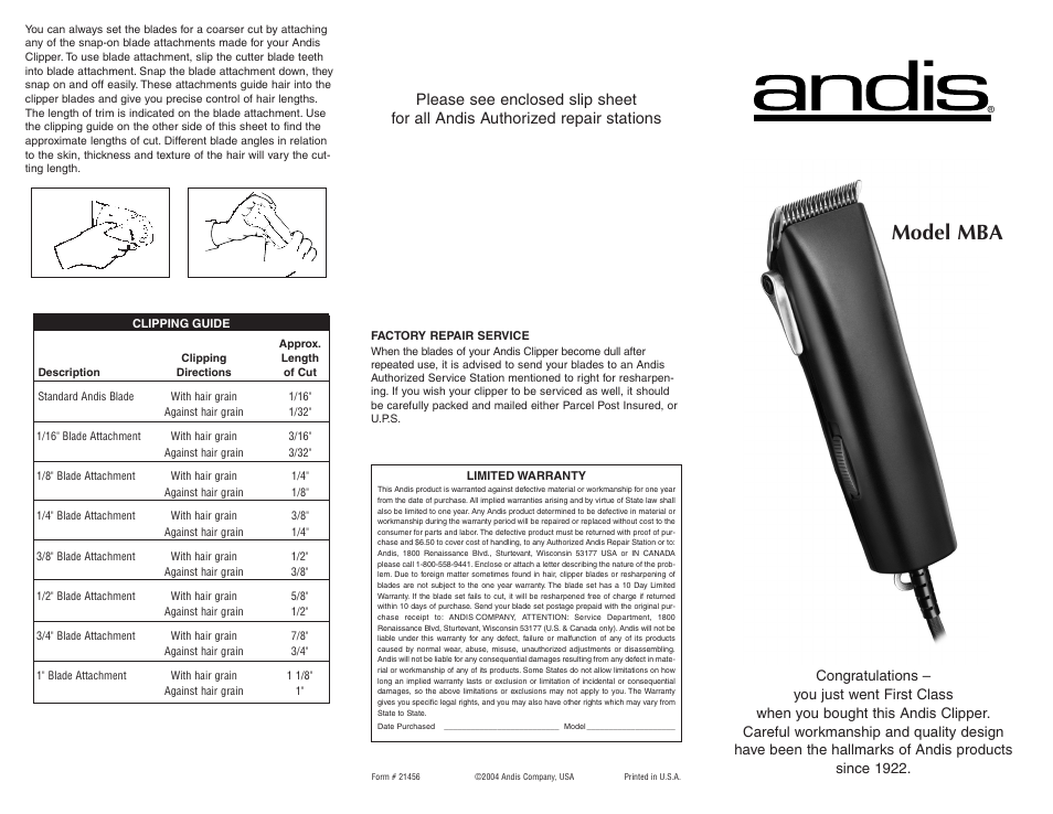 Andis Company MBA User Manual | 2 pages