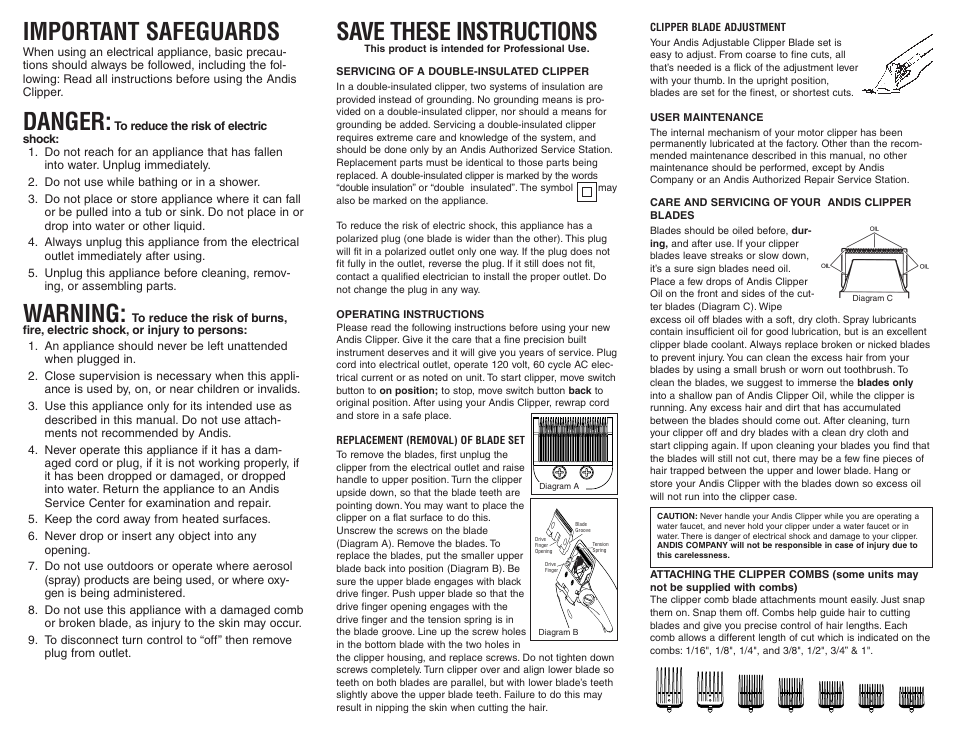Important safeguards, Danger, Warning | Save these instructions | Andis Company MBA User Manual | Page 2 / 2