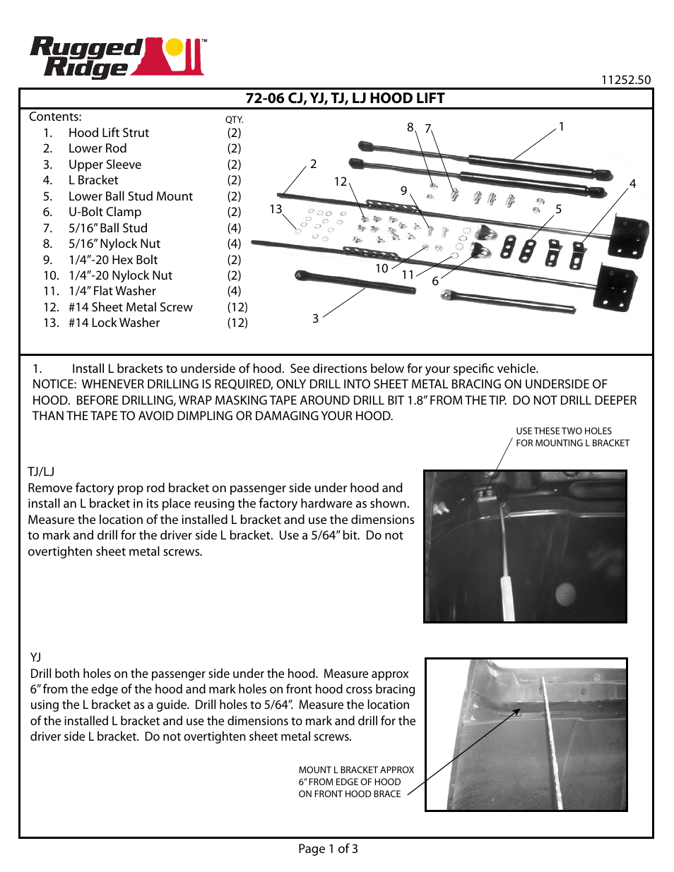 Rugged Ridge Hood Lift Kit, 72-06 Jeep CJ & Wrangler User Manual | 3 pages