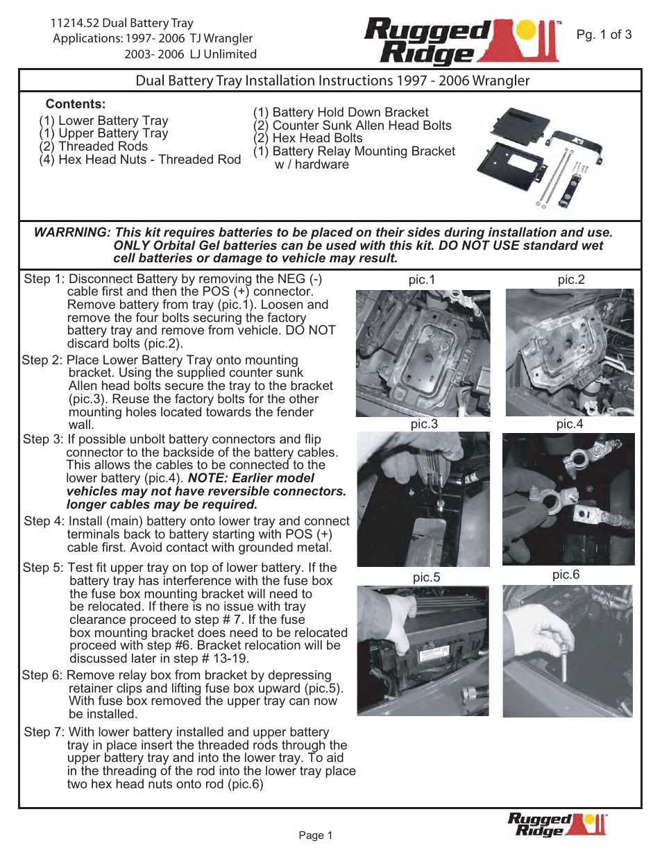 Rugged Ridge Dual Battery Tray, 97-06 Jeep Wrangler User Manual | 3 pages