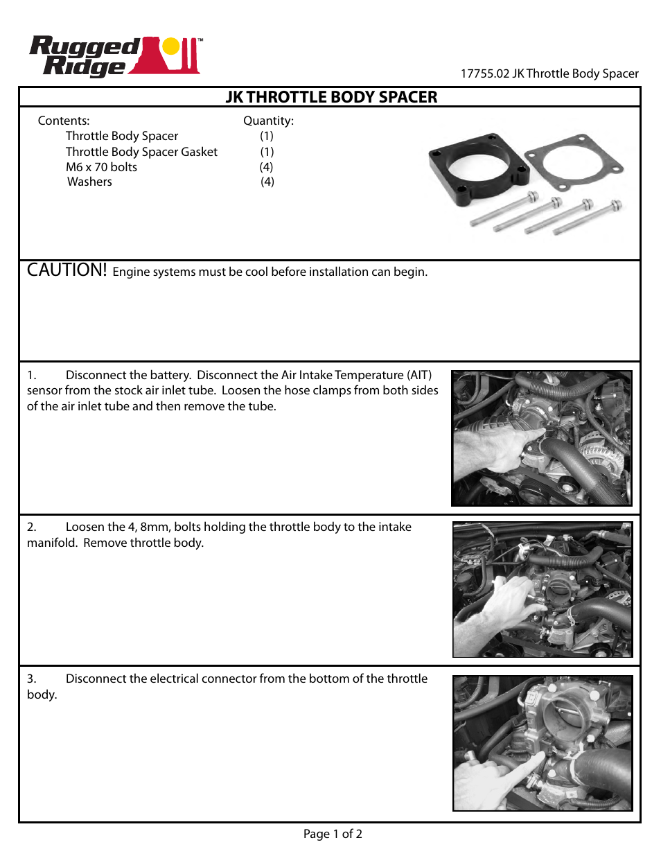 Rugged Ridge Throttle Body Spacer, Rugged Ridge, Jeep Wrangler (JK) 07-11 3.8L User Manual | 2 pages