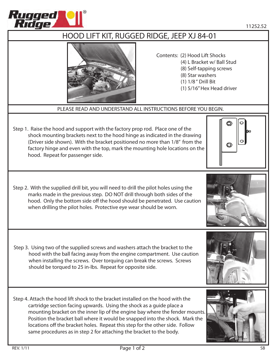 Rugged Ridge Hood Lift Kit, 84-01 Jeep Cherokee (XJ) User Manual | 2 pages
