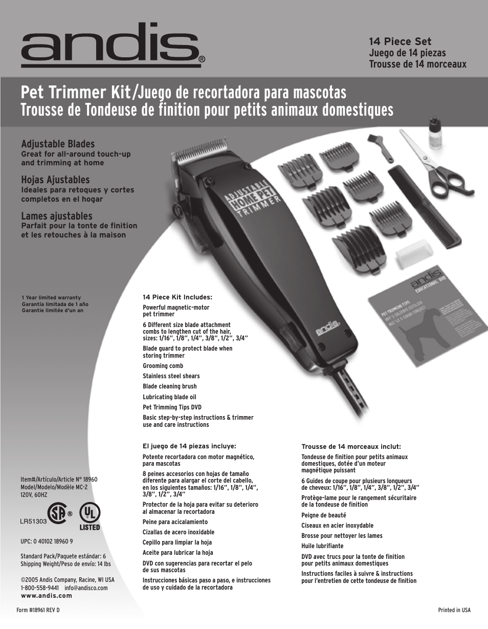 Adjustable blades, Hojas ajustables, Lames ajustables | Andis Company MC-2 User Manual | Page 2 / 2