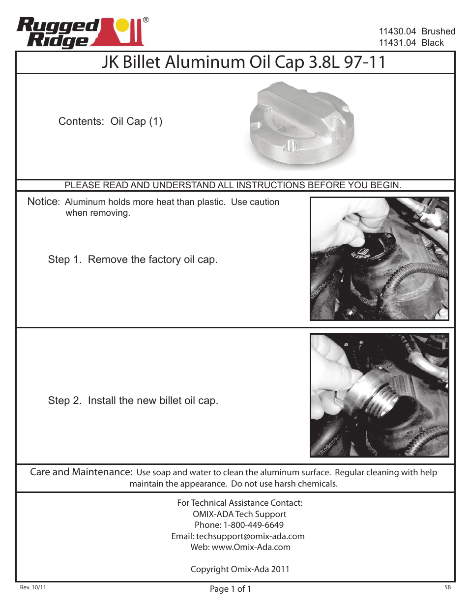 Rugged Ridge Oil Cap, Brushed Aluminum, 97-11 Jeep Wrangler User Manual | 1 page
