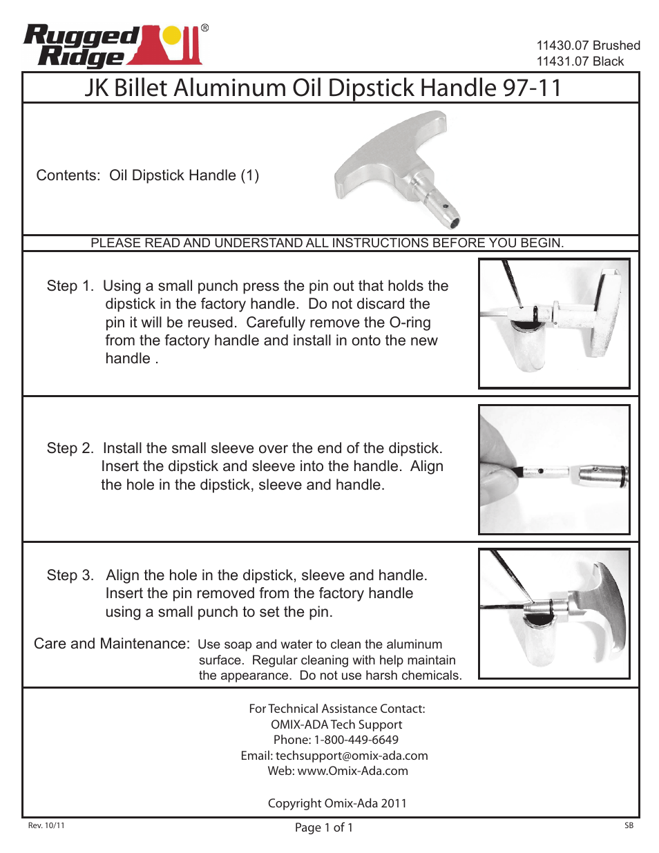 Rugged Ridge Oil Dipstick Handle, Billet, 97-11 Jeep Wrangler User Manual | 1 page