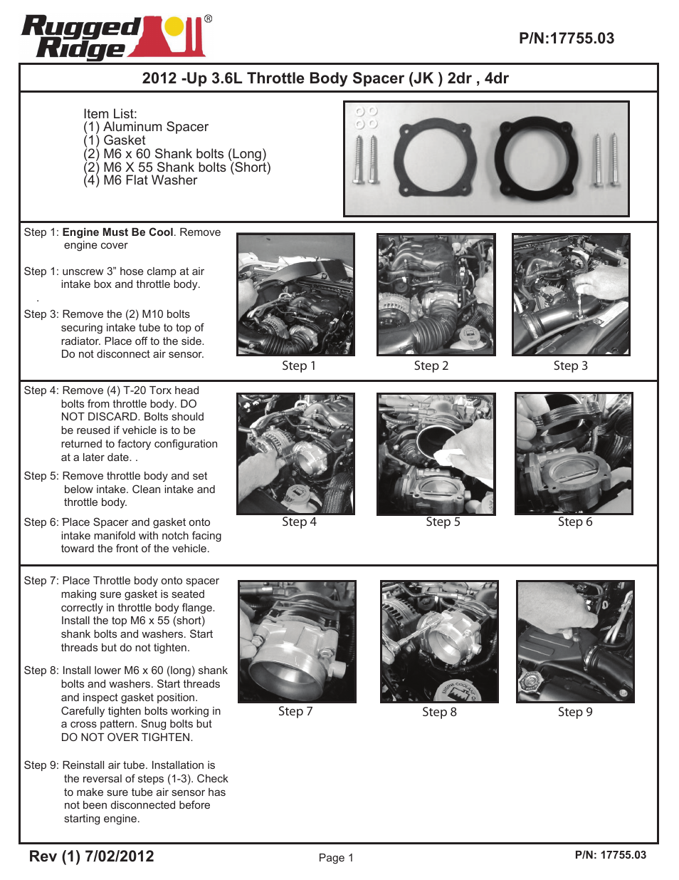 Rugged Ridge Throttle Body Spacer, 3.6L, 12-14 Jeep Wrangler (JK) User Manual | 1 page