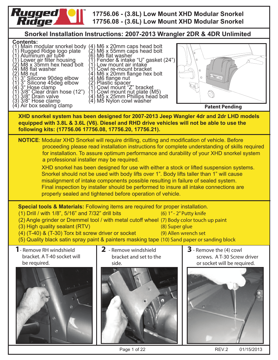 Rugged Ridge XHD Low-Mount Snorkel, 3.6L, 12-14 Jeep Wrangler (JK) User Manual | 22 pages