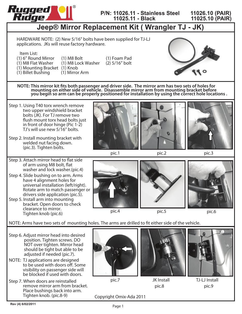 Rugged Ridge Quick Release Mirror Relocation Kit, Black, 97-14 Jeep Wrangler User Manual | 1 page