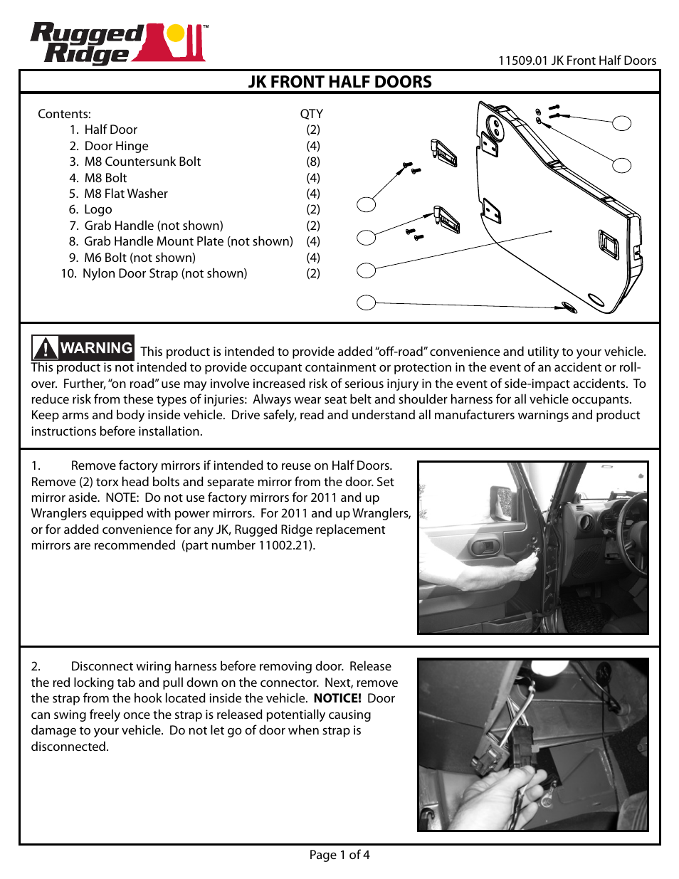 Rugged Ridge Half Doors, Front, 07-14 Jeep Wrangler (JK) User Manual | 4 pages