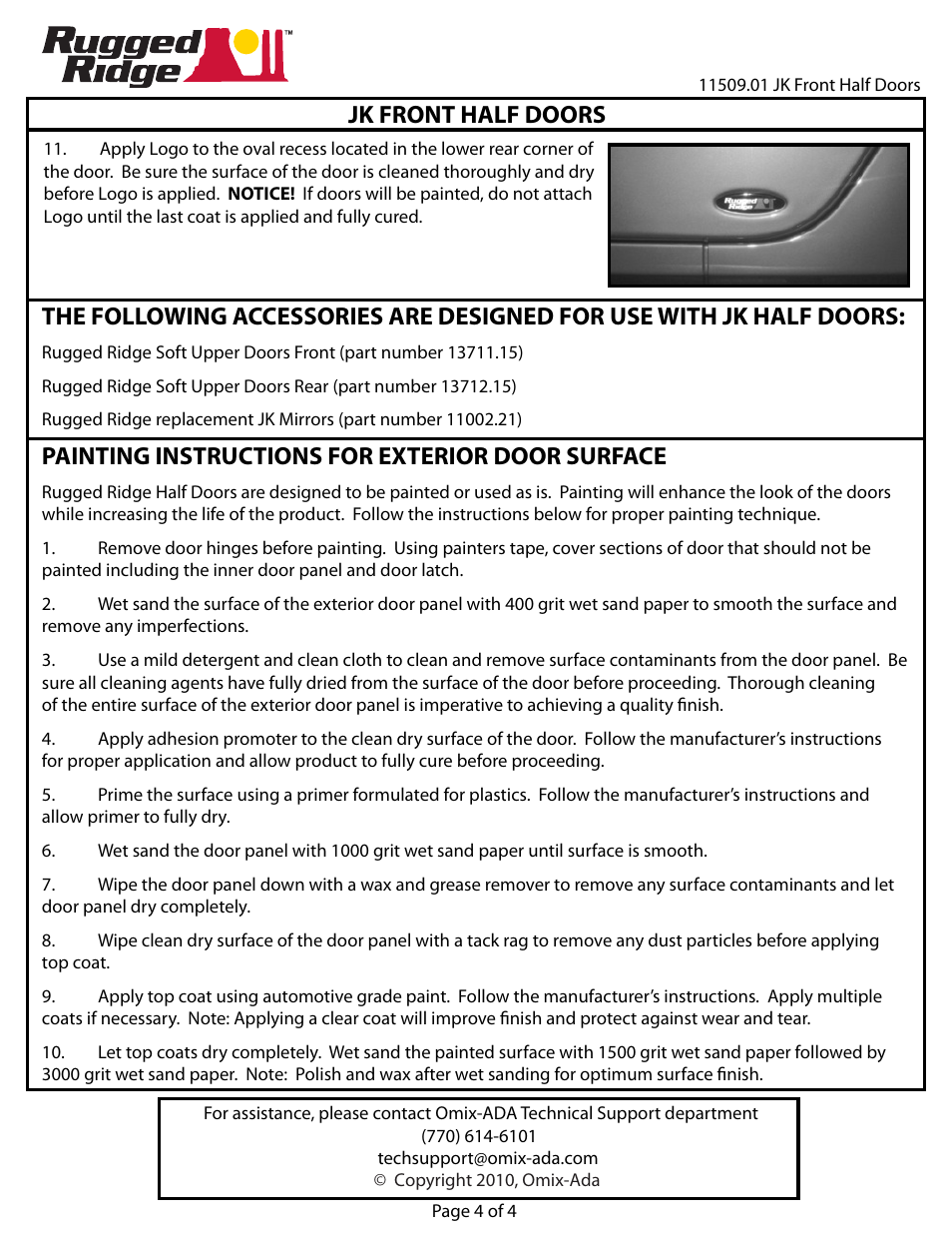 Jk front half doors, Painting instructions for exterior door surface | Rugged Ridge Half Doors, Front, 07-14 Jeep Wrangler (JK) User Manual | Page 4 / 4