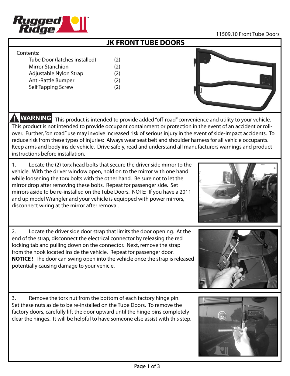 Rugged Ridge Front Tube Doors, Textured Black, 07-14 Jeep Wrangler (JK) User Manual | 3 pages