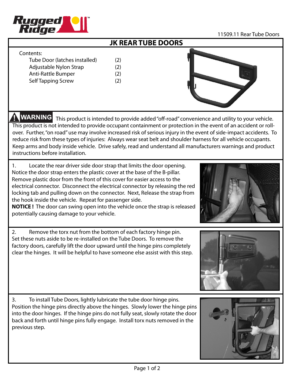 Rugged Ridge Rear Tube Doors, Textured Black, 07-14 Jeep Wrangler Unlimited (JK) User Manual | 2 pages