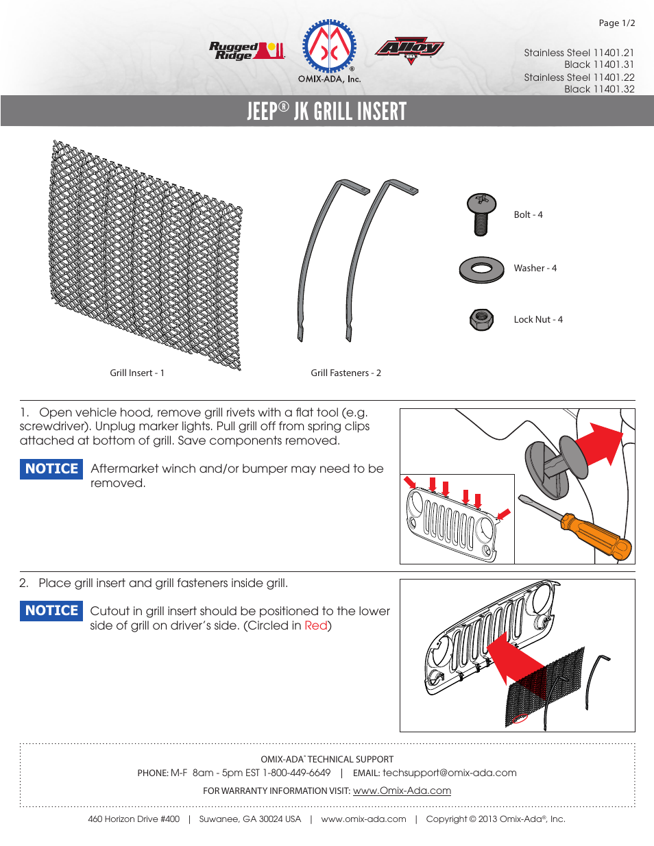 Rugged Ridge Mesh Grille Insert, Black, 07-14 Jeep Wrangler (JK) User Manual | 2 pages