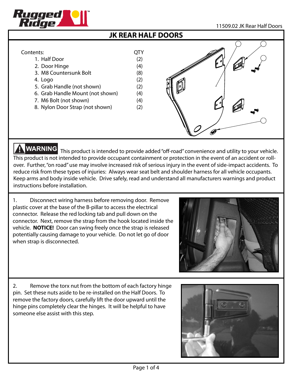 Rugged Ridge Half Doors, Rear, 07-14 Jeep Wrangler (JK) User Manual | 4 pages