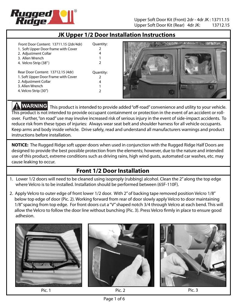 Rugged Ridge Upper Soft Door Kit, Front, Black Diamond, 07-14 Jeep Wrangler (JK) User Manual | 6 pages